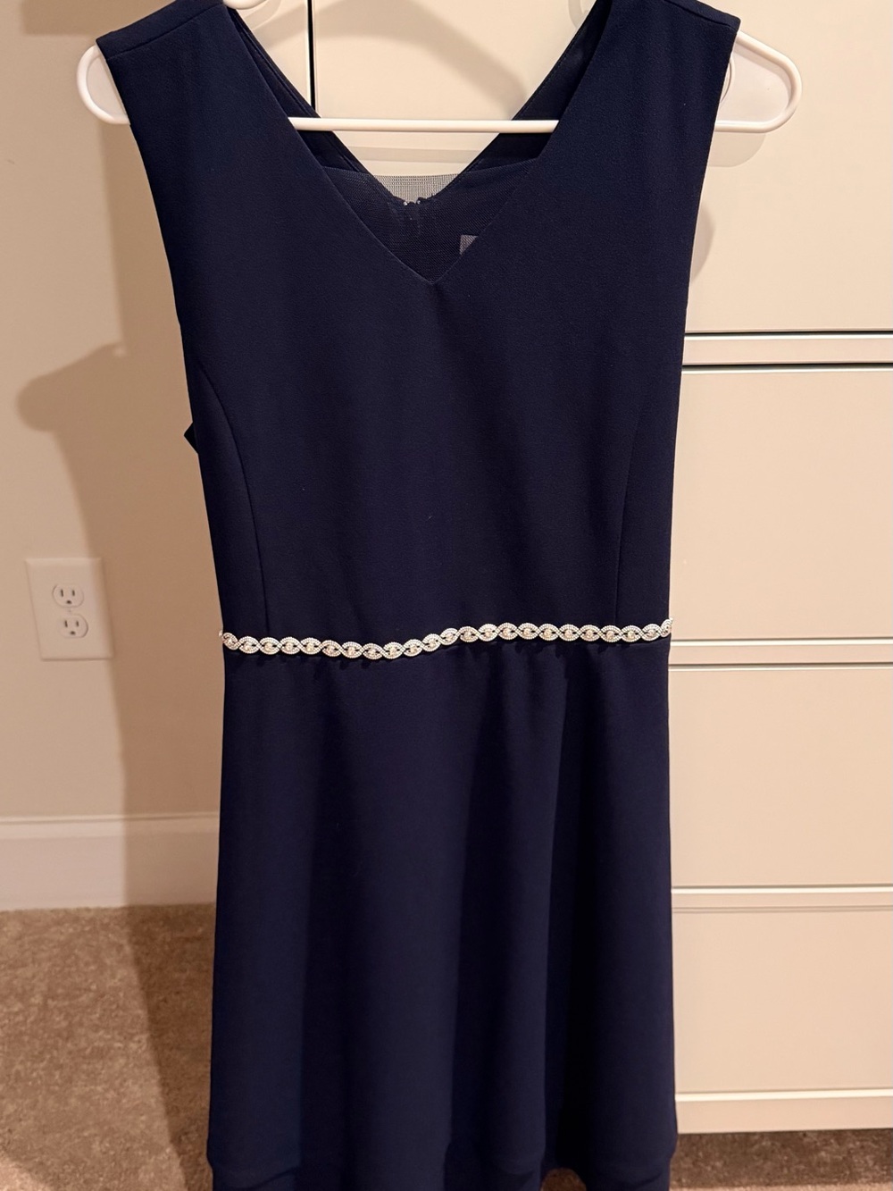 Speechless Navy V-Neck Formal Dress with Rhinestone Waist